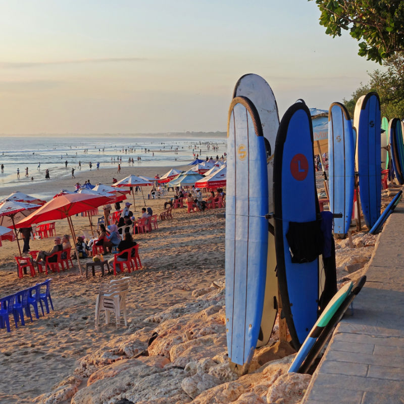 Kuta Beach in Bali With Surf Boards and Umbrellas
